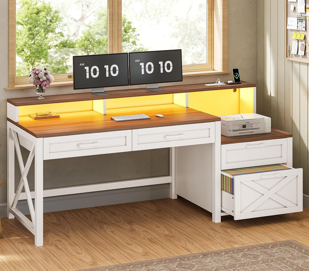 Farmhouse Style Solidwood White Brown Computer Desk