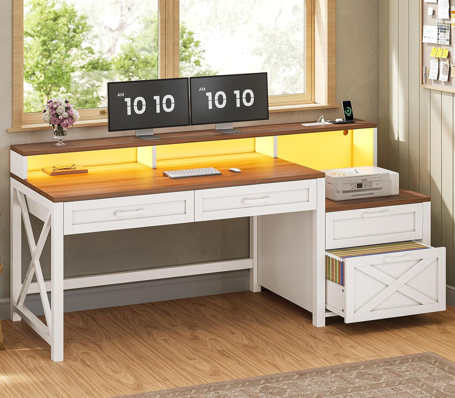 Farmhouse Style Solidwood White Brown Computer Desk