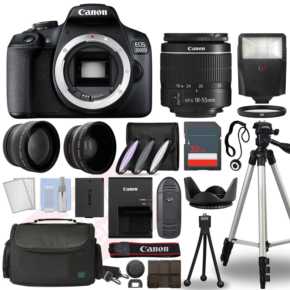 Canon EOS 2000D / Rebel T7 SLR Camera + 3 Lens Kit 18-55mm + 32GB + Fl