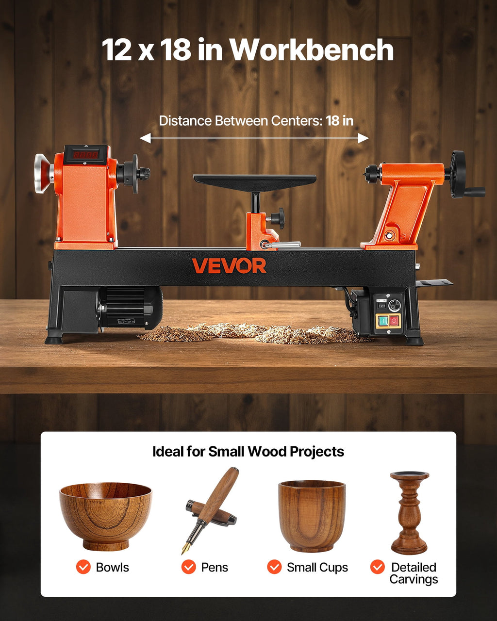 VEVOR Woodworking Lathe, 1 HP, Benchtop Wood Lathe Machine with 0 to 3