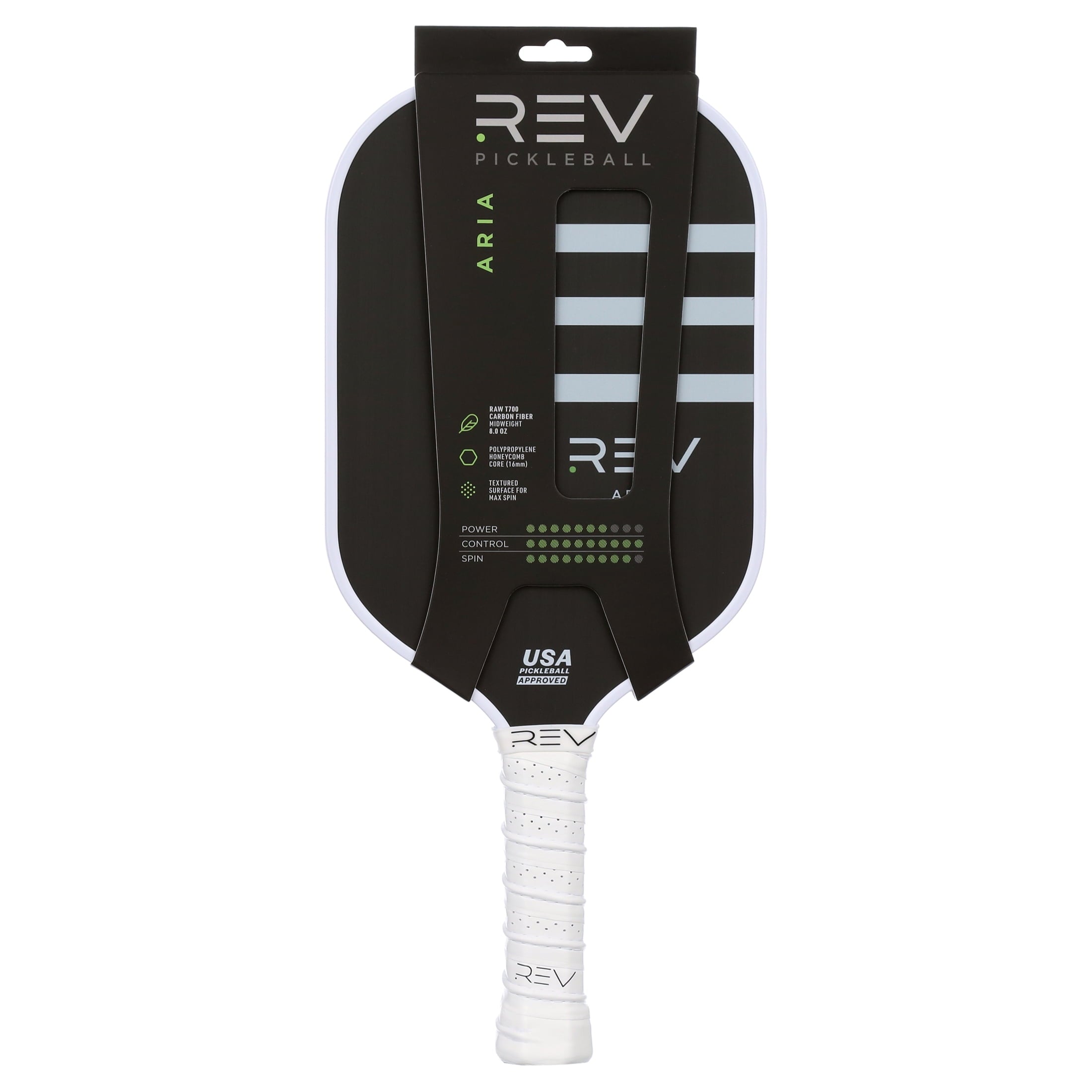REV Aria Pickleball Paddle, Raw T700 Carbon Fiber Face, Polypropylene