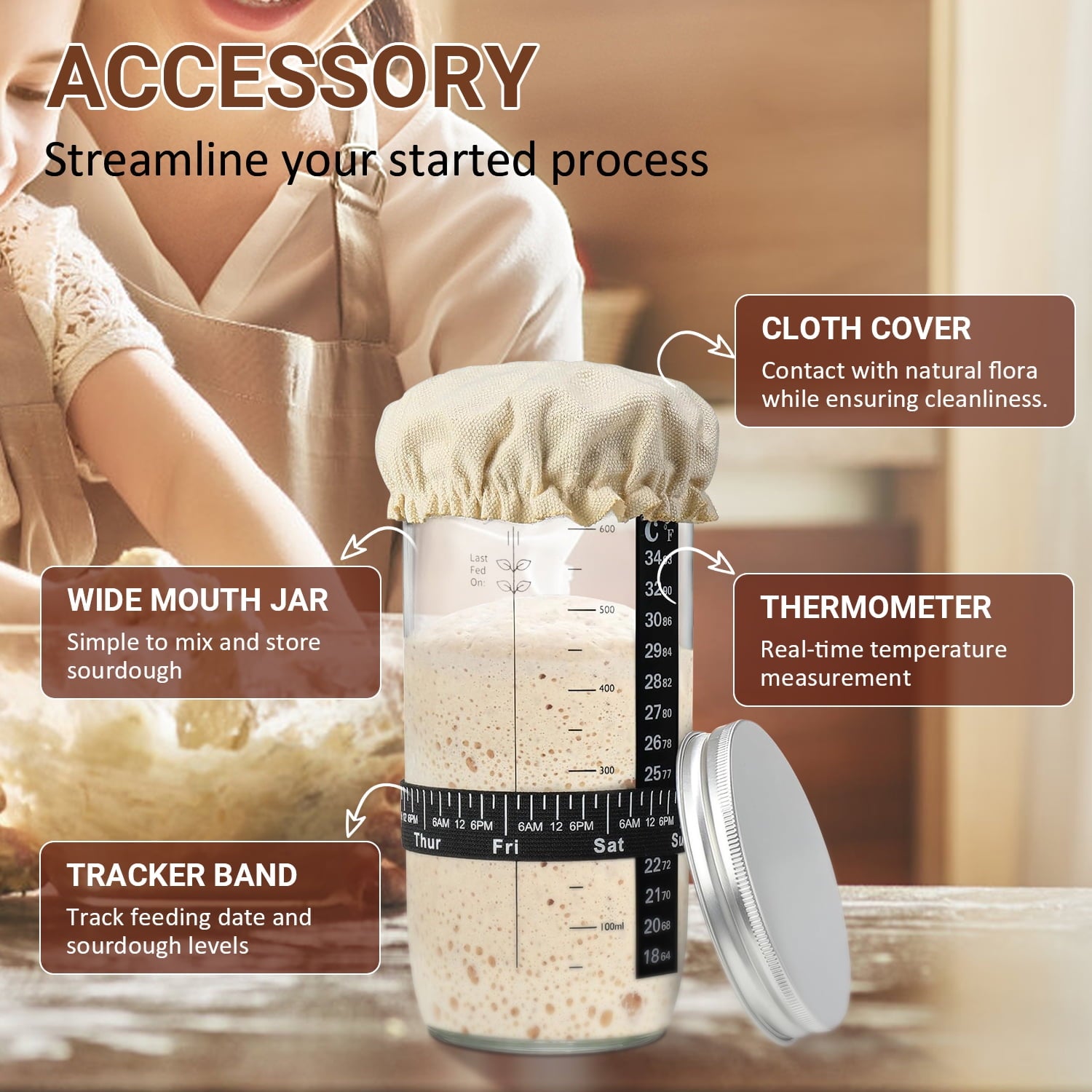 TINANA Sourdough Starter Jar Kit, 650ml Sourdough Starter Jar With The