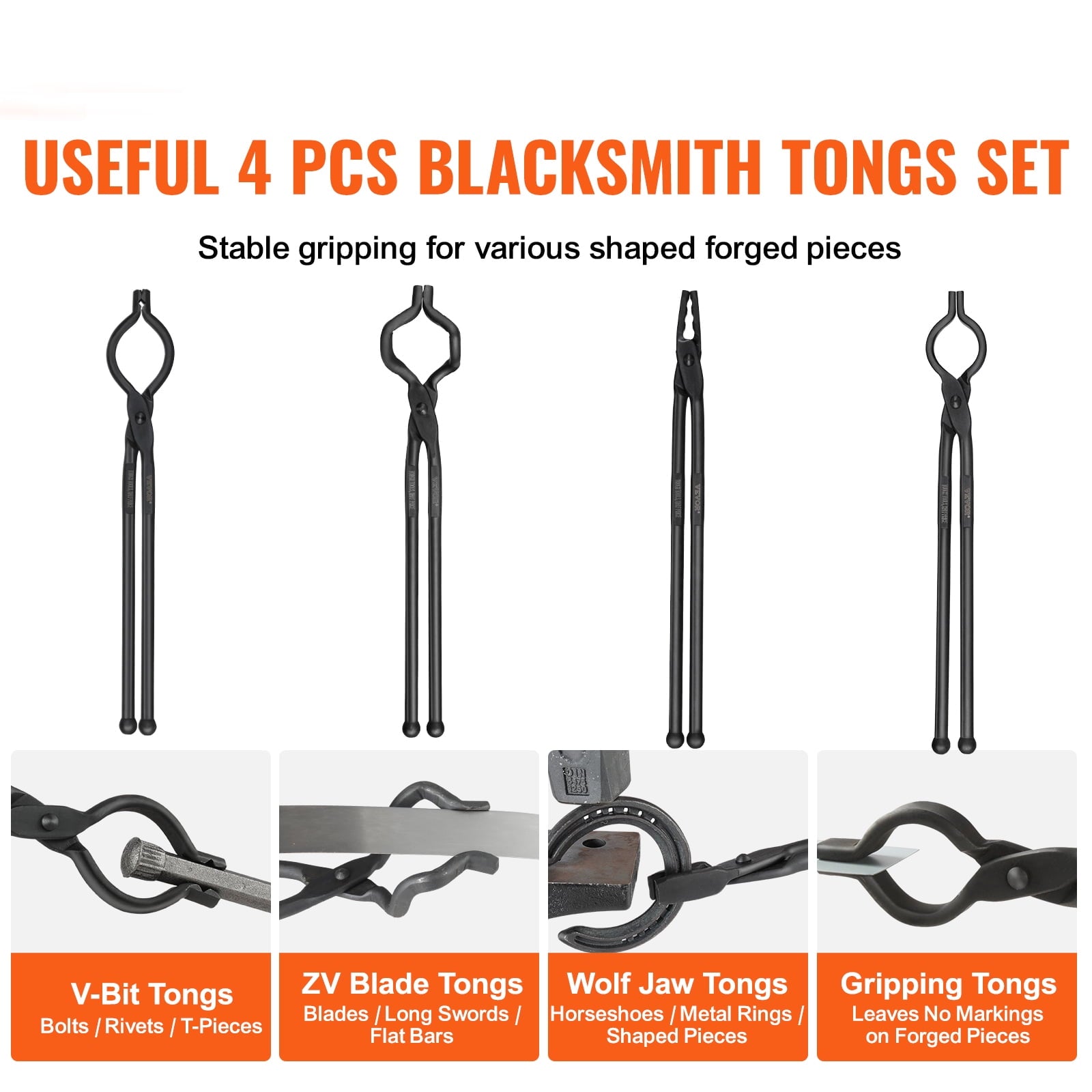 KFFKFF Blacksmith Tongs 18” 4 PCS V-Bit Bolt Wolf Jaw Z V-Bit Grippi