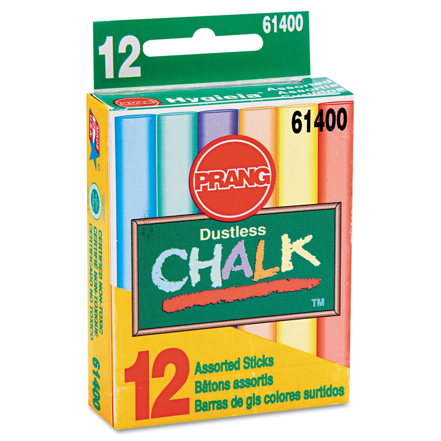 Prang Hygieia Dustless Board Chalk, 3.25" x 0.38" Diameter, Assorted, 12/Box