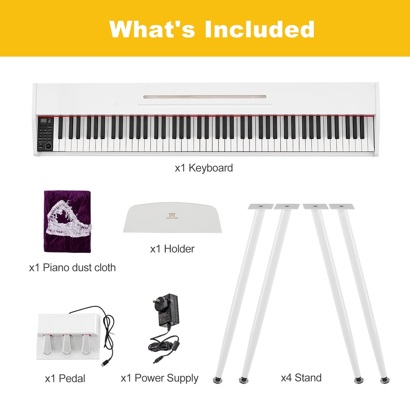 White 88Keys Semi Weighted Electric Digital Piano w/3-Pedal,USB/MIDI,S