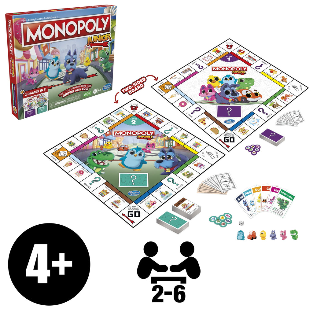 Monopoly Junior Board Game, 2-Sided Gameboard, 2 Games in 1 for Kids,