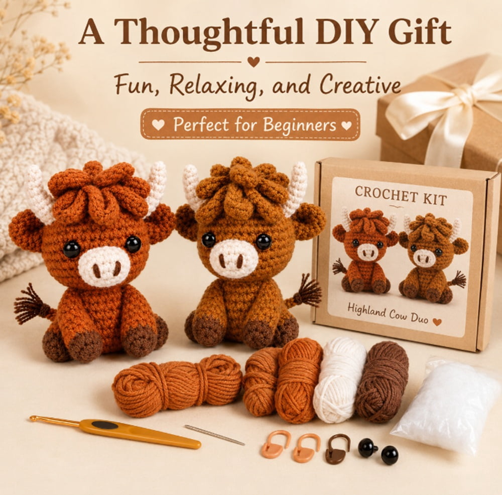 2 Pack Highland Cow Crochet Kit for Beginners, Cow Amigurumi Starter S