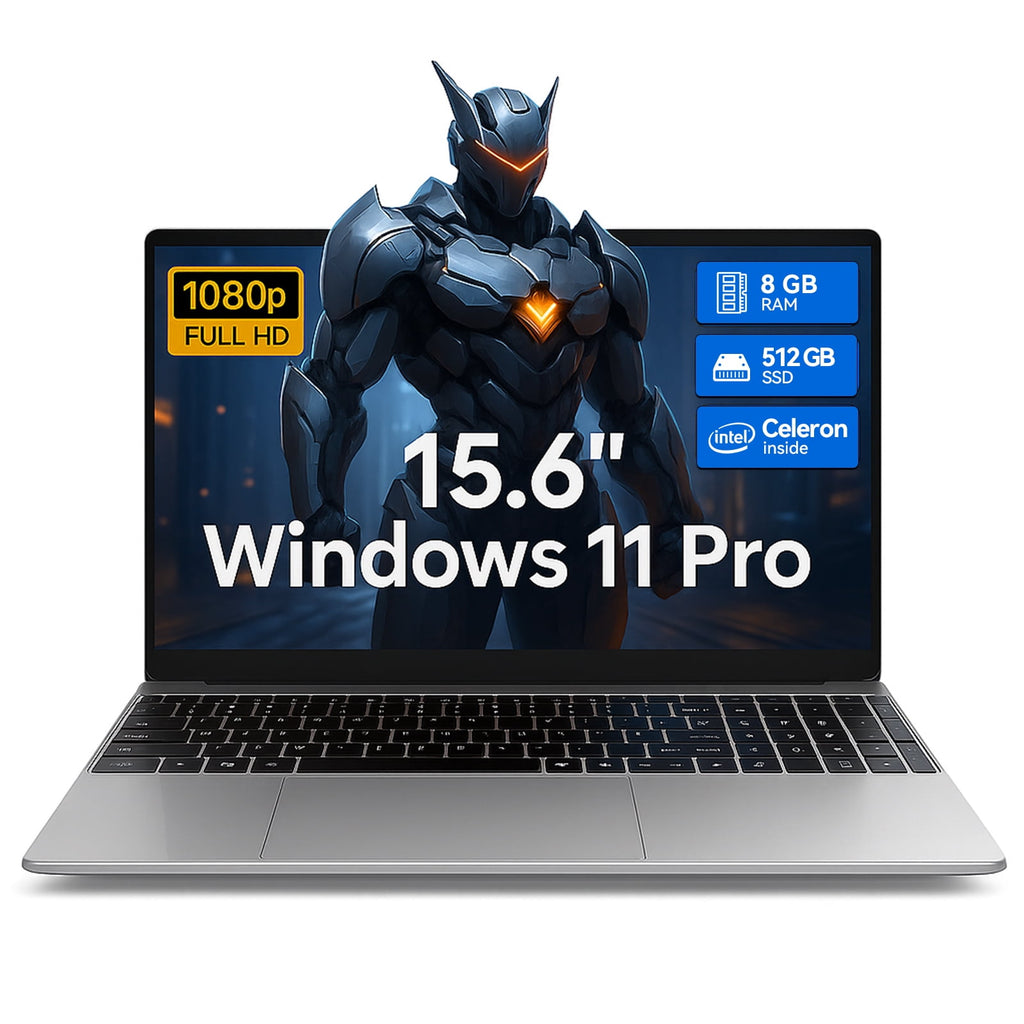 15.6 Inch Windows 11 Pro Laptop, 8GB RAM 512GB SSD, Intel Celeron, FHD