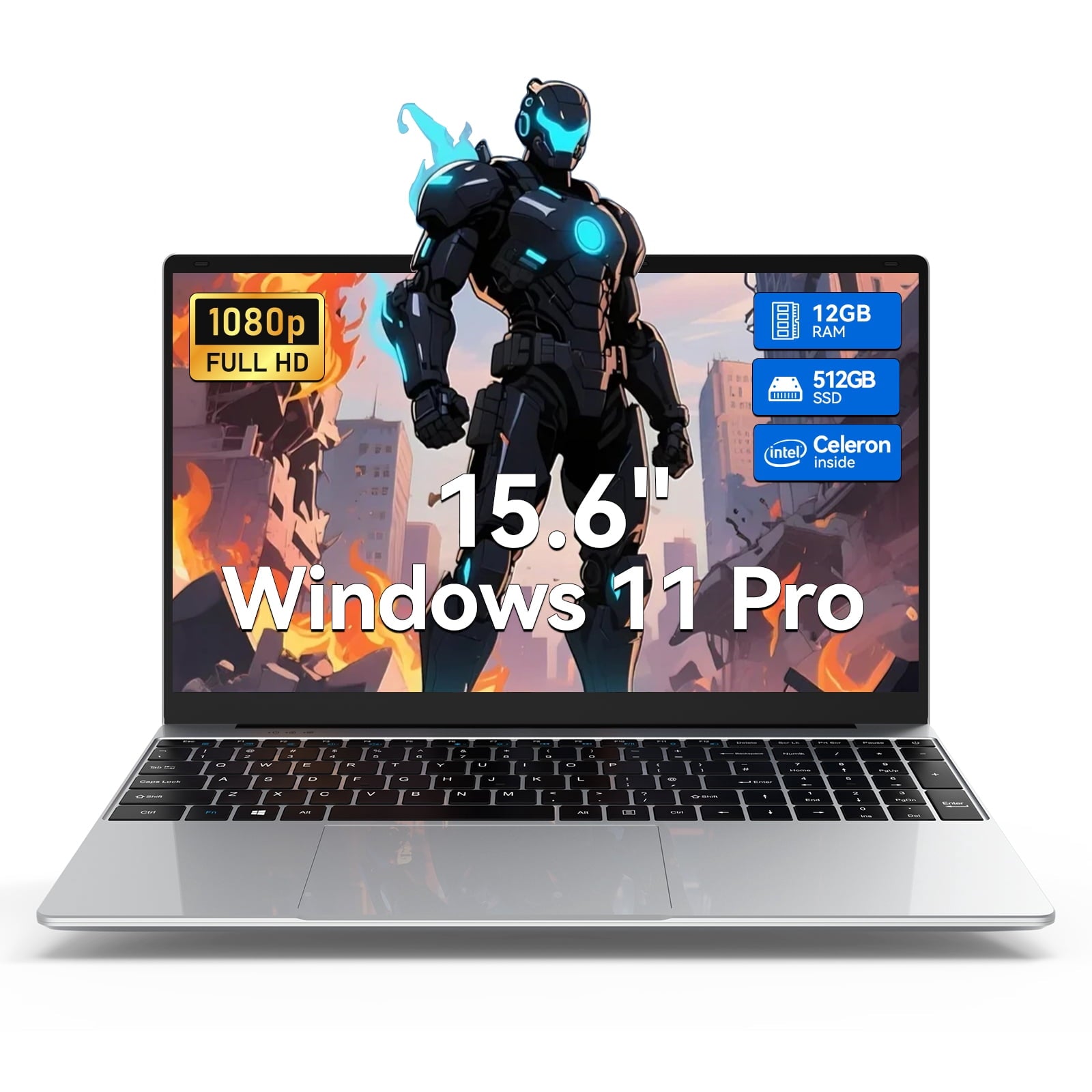 15.6 Inch Windows 11 Pro Laptop, 8GB RAM 512GB SSD, Intel Celeron, FHD