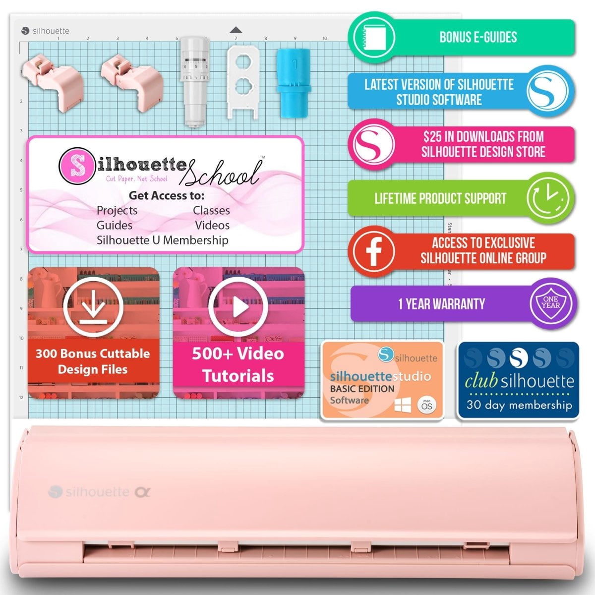 Silhouette Pink Cameo 5α Alpha w/ 64 Oracal Vinyl Sheets, Blades, Too