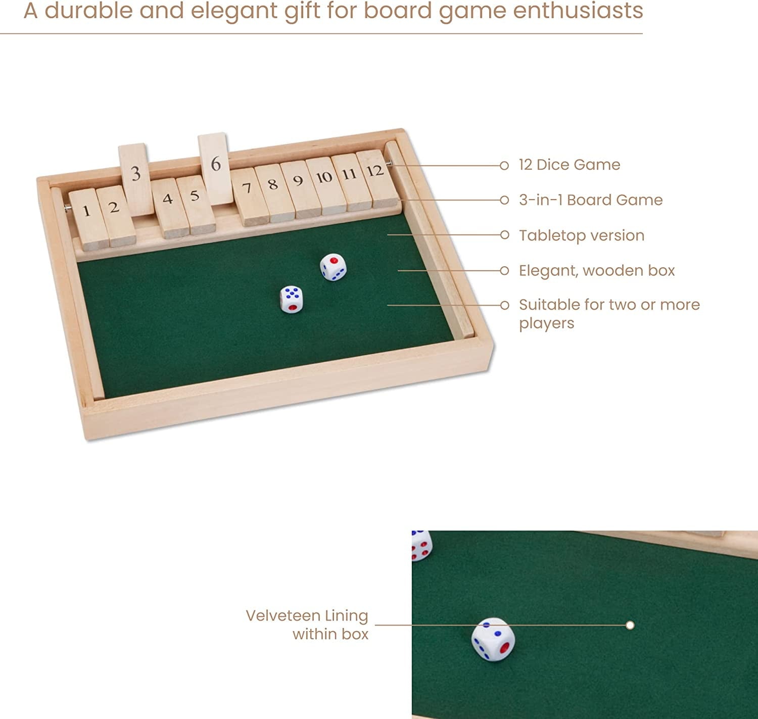 Bits and Pieces Shut The Box 3-in-1 Wooden Board Game with 12 Numbers