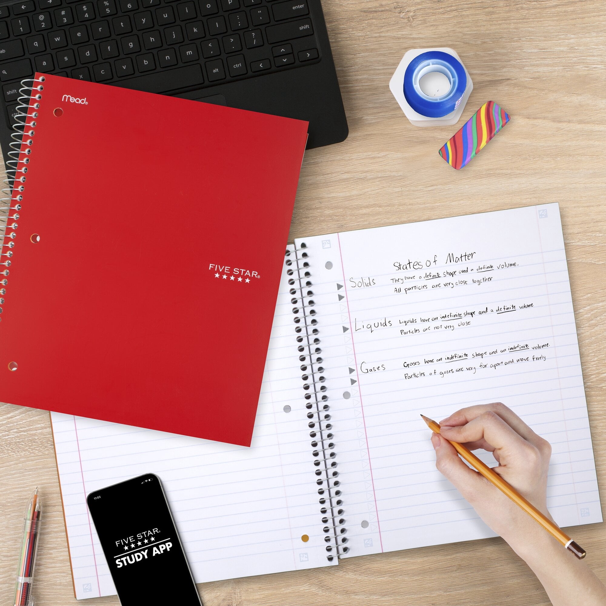 Five Star Spiral Notebook + Study App, 5 Subject, Wide Ruled, 8" x 10.