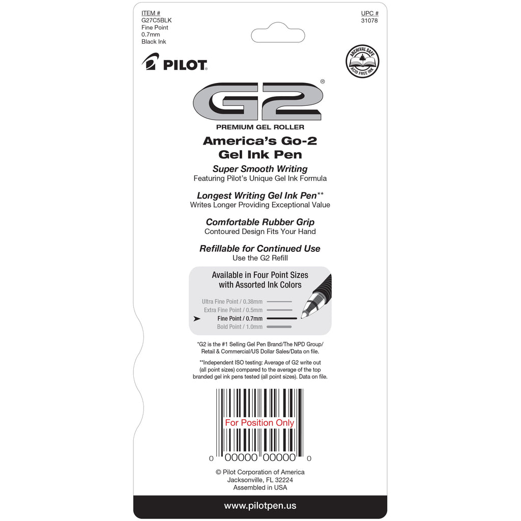 Pilot G2 Retractable Gel Ink Pens, Fine Point, 0.7mm. Black Ink, 5 Pac