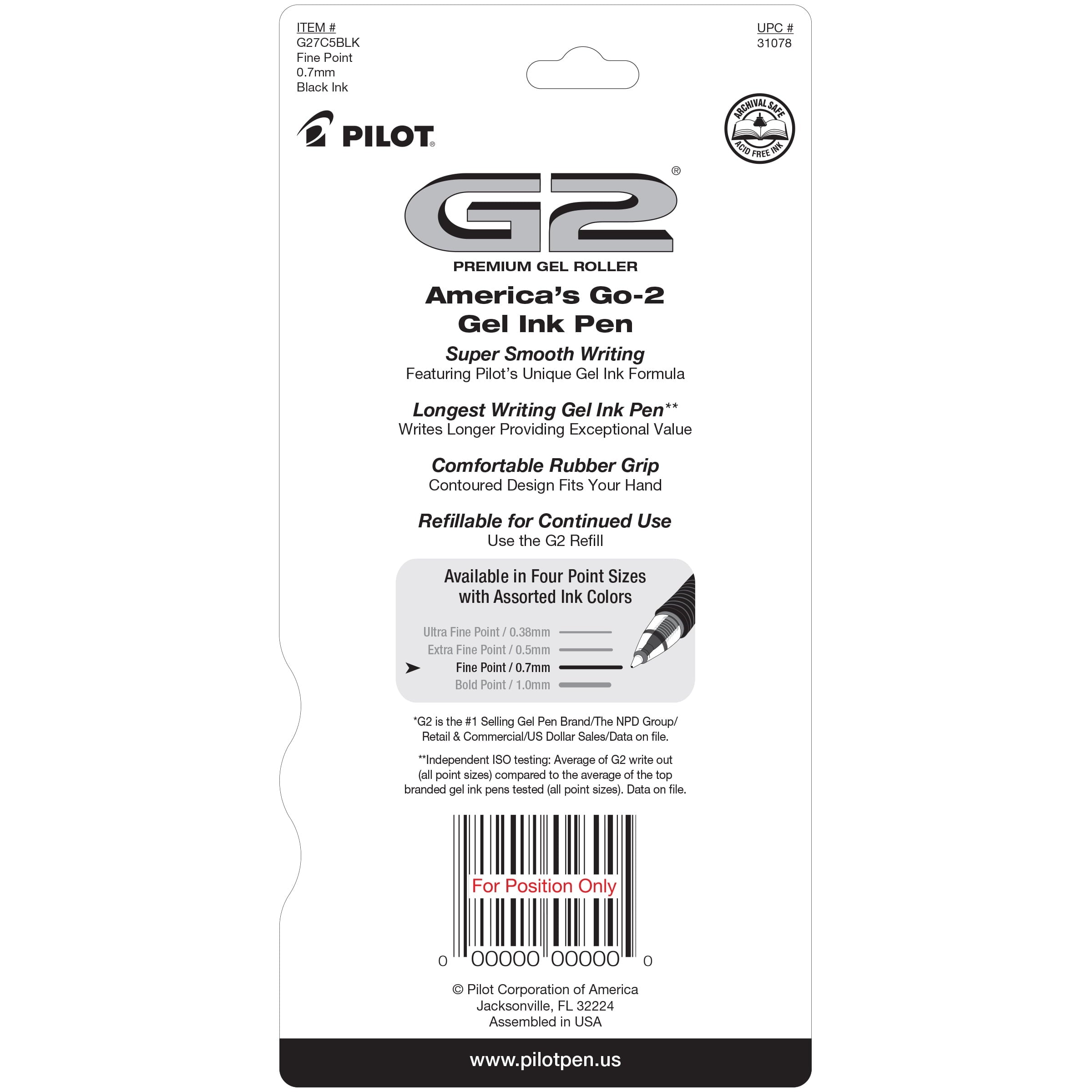 Pilot G2 Retractable Gel Ink Pens, Fine Point, 0.7mm. Black Ink, 5 Pac