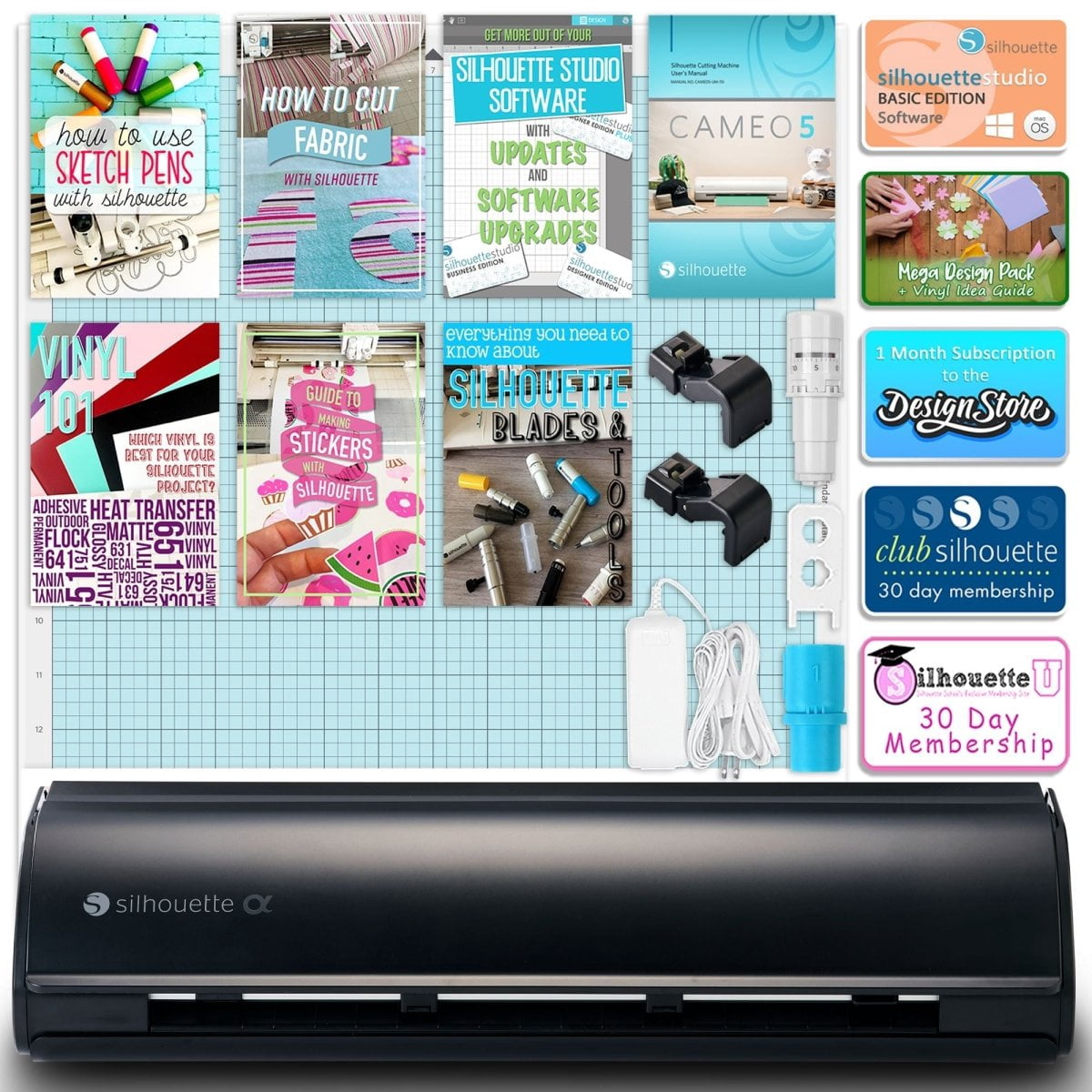 Silhouette Black Cameo 5α Alpha w/ 64 Oracal Vinyl Sheets, Blades, To