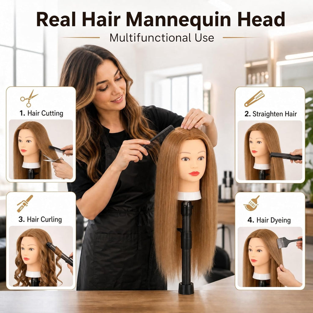 TELOLY 80% Real Human Hair Mannequin Head 26-28“ Cosmetology Doll He