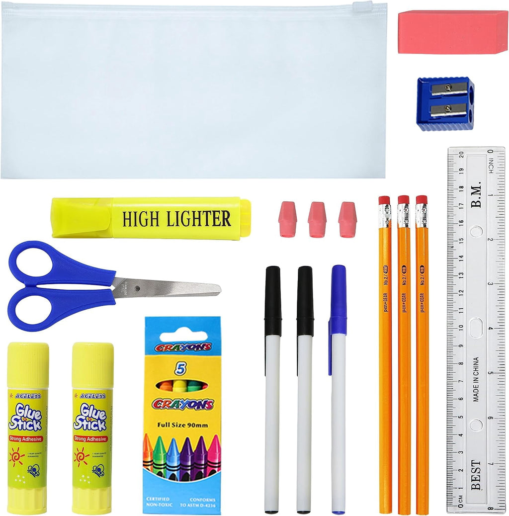 52 Piece Back to School Supply Kit for K-12 - Essentials Box of Suppli