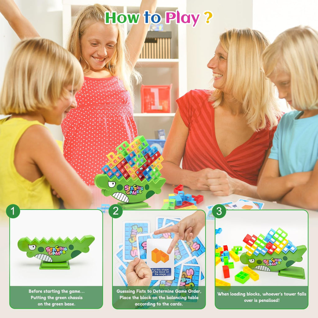 HBK Dinosaur Stacking Tower Game with 64 Blocks, 2-4 Player Family Boa