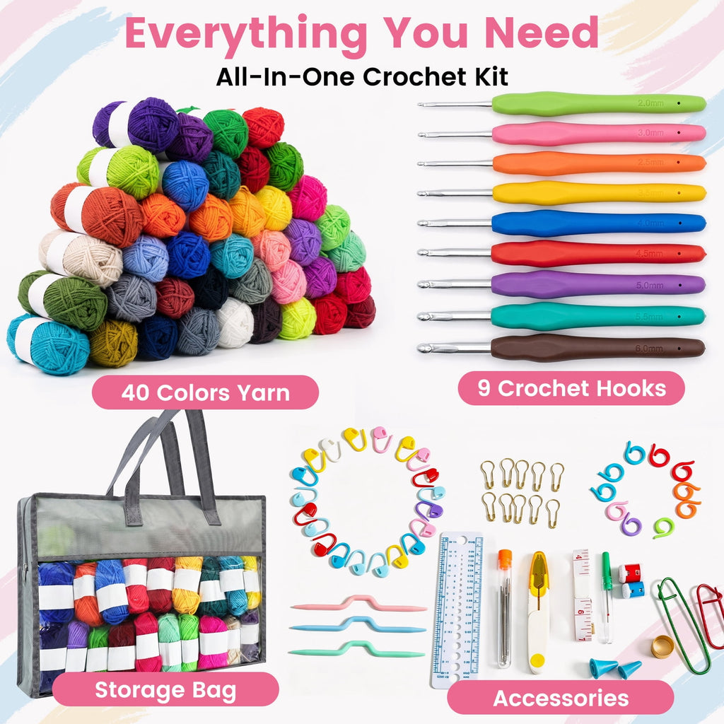 113PCS Crochet Kit for Beginners, 40 Colors Acrylic Yarn Set with Ergo