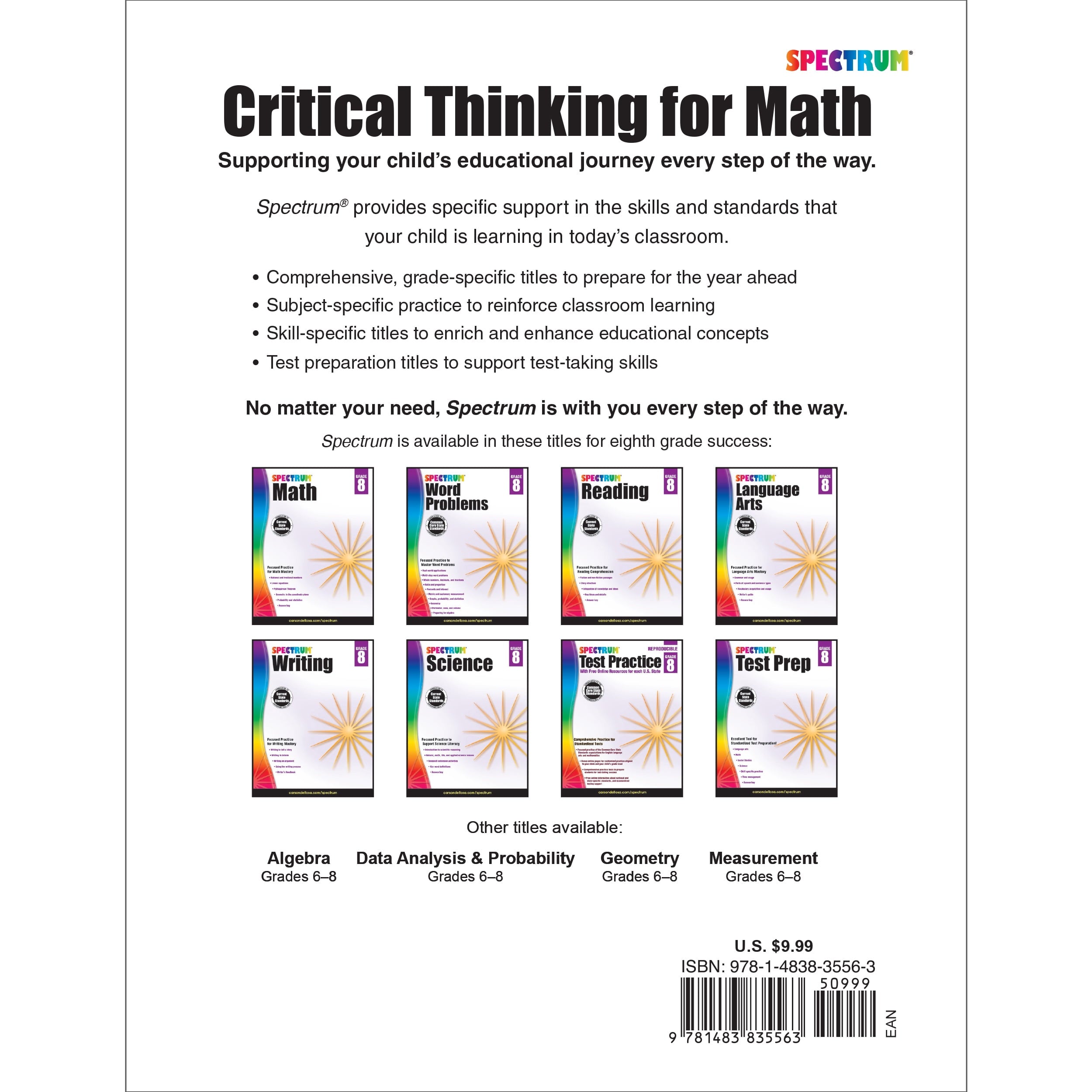 Spectrum Spectrum Critical Thinking for Math, Grade 8: Volume 50, (Pap