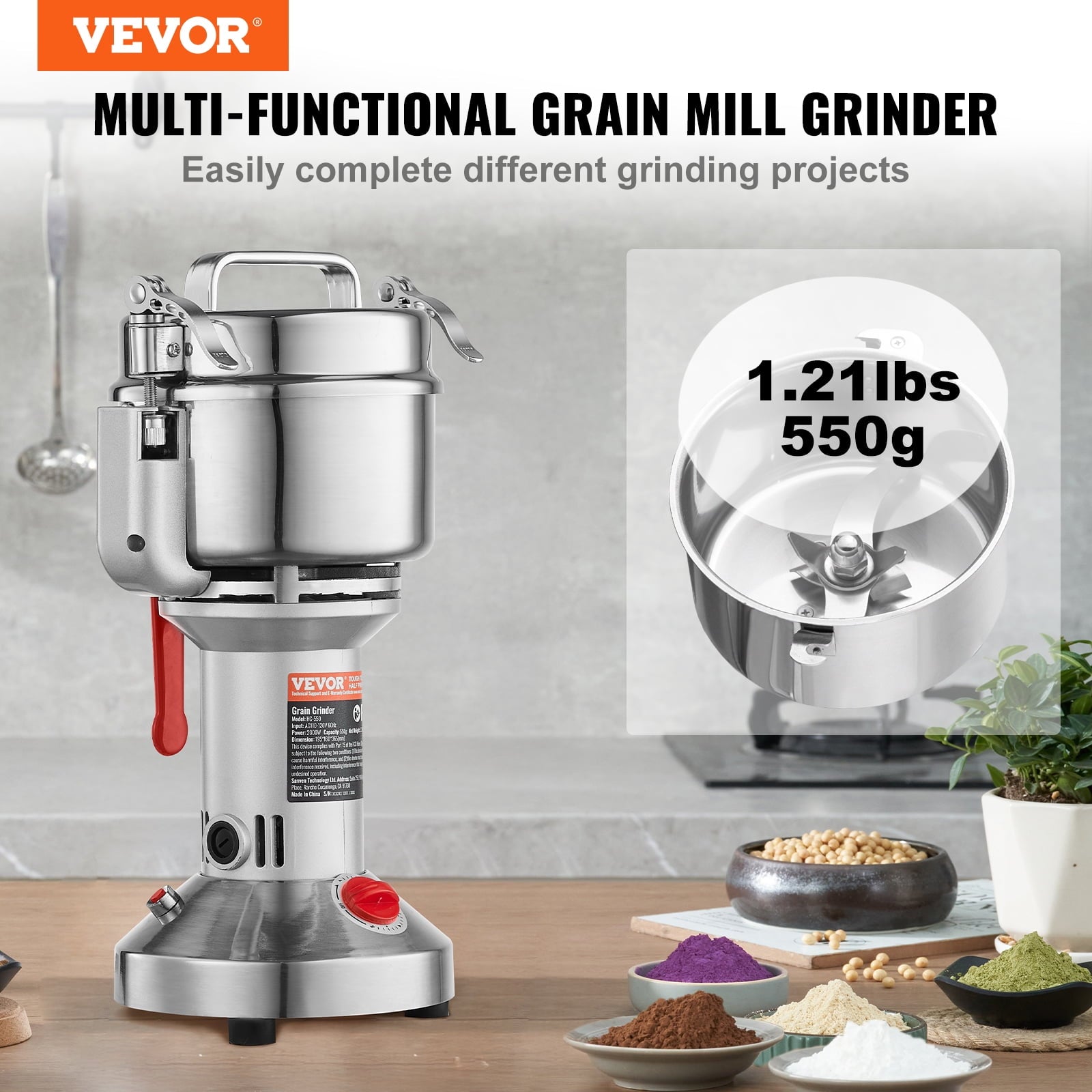 VEVOR 550g Electric Grain Mill Grinder, High Speed 2000W Commercial Sp