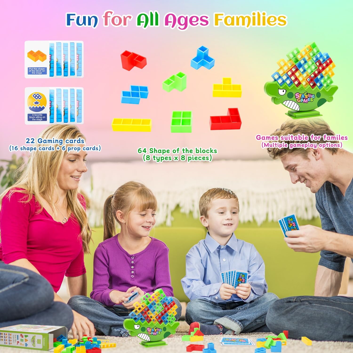 HBK Dinosaur Stacking Tower Game with 64 Blocks, 2-4 Player Family Boa