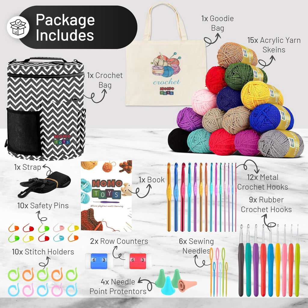 MOMOTOYS 74-Piece Crochet Kit for Beginners and Kids with Instruction