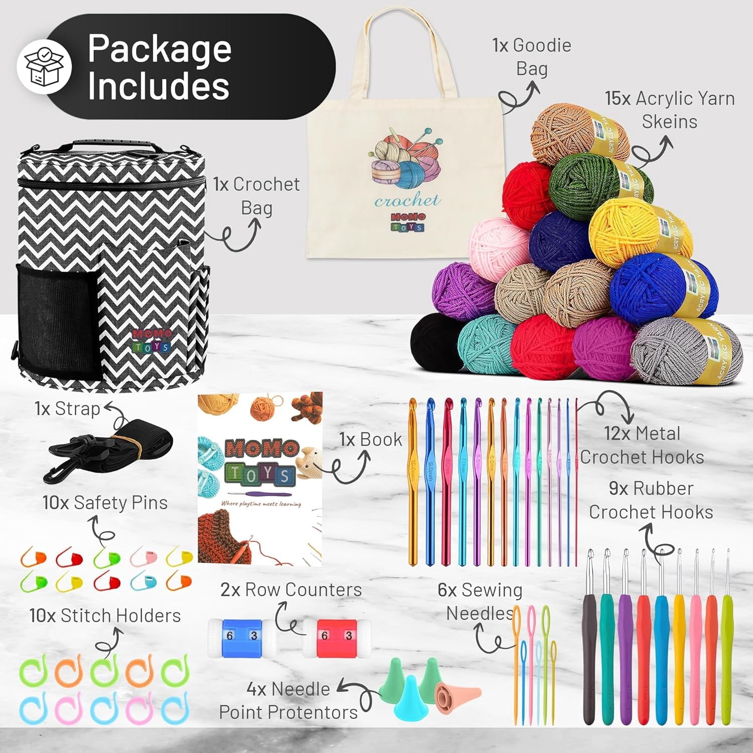 MOMOTOYS 74-Piece Crochet Kit for Beginners and Kids with Instruction