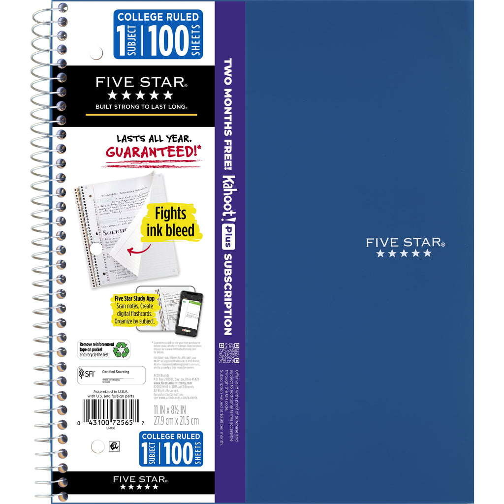 Five Star 1 Subject College Ruled Notebook Plus Study App, 8.5" x 11",