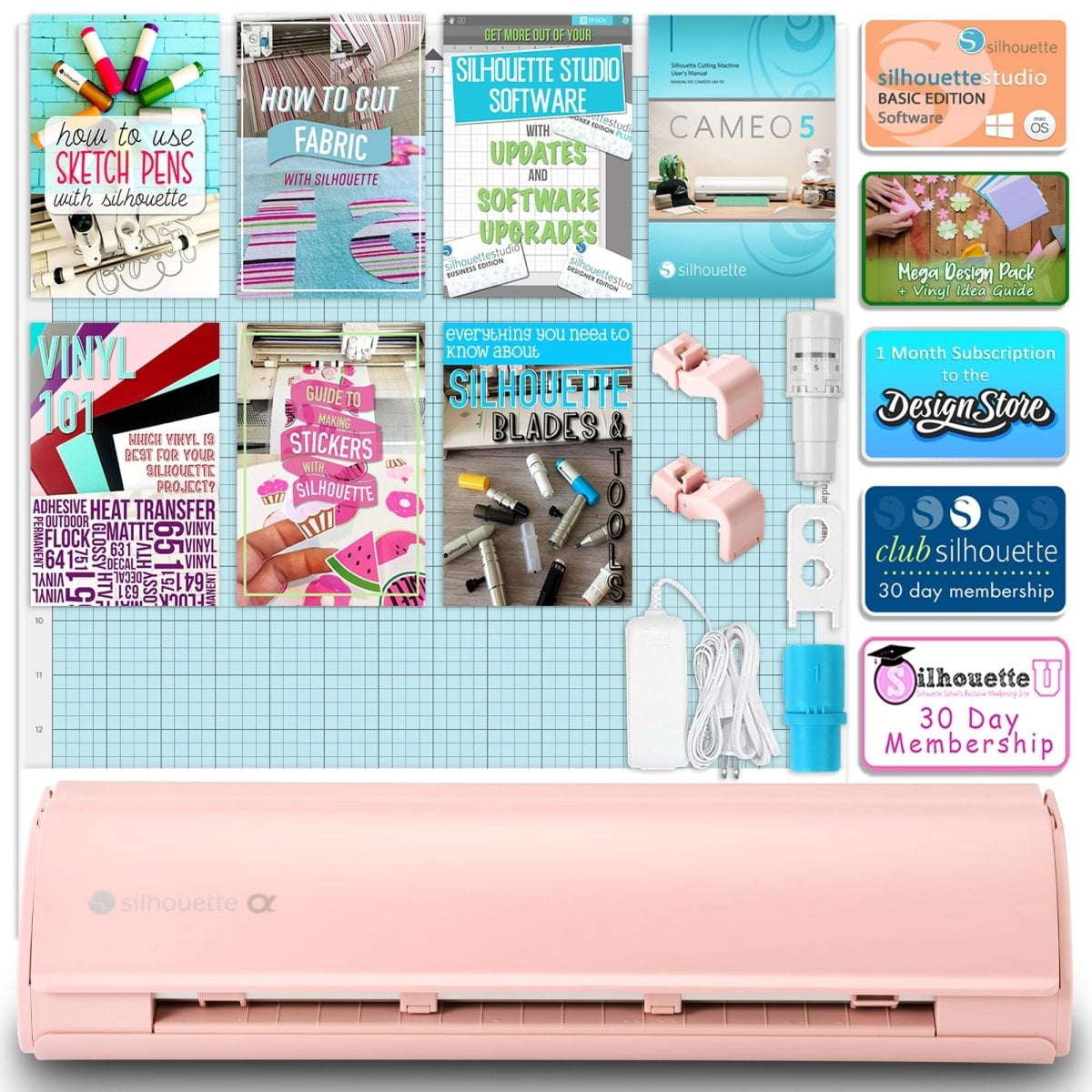 Silhouette Pink Cameo 5α Alpha w/ 38 Oracal Sheets, Siser HTV, Guides