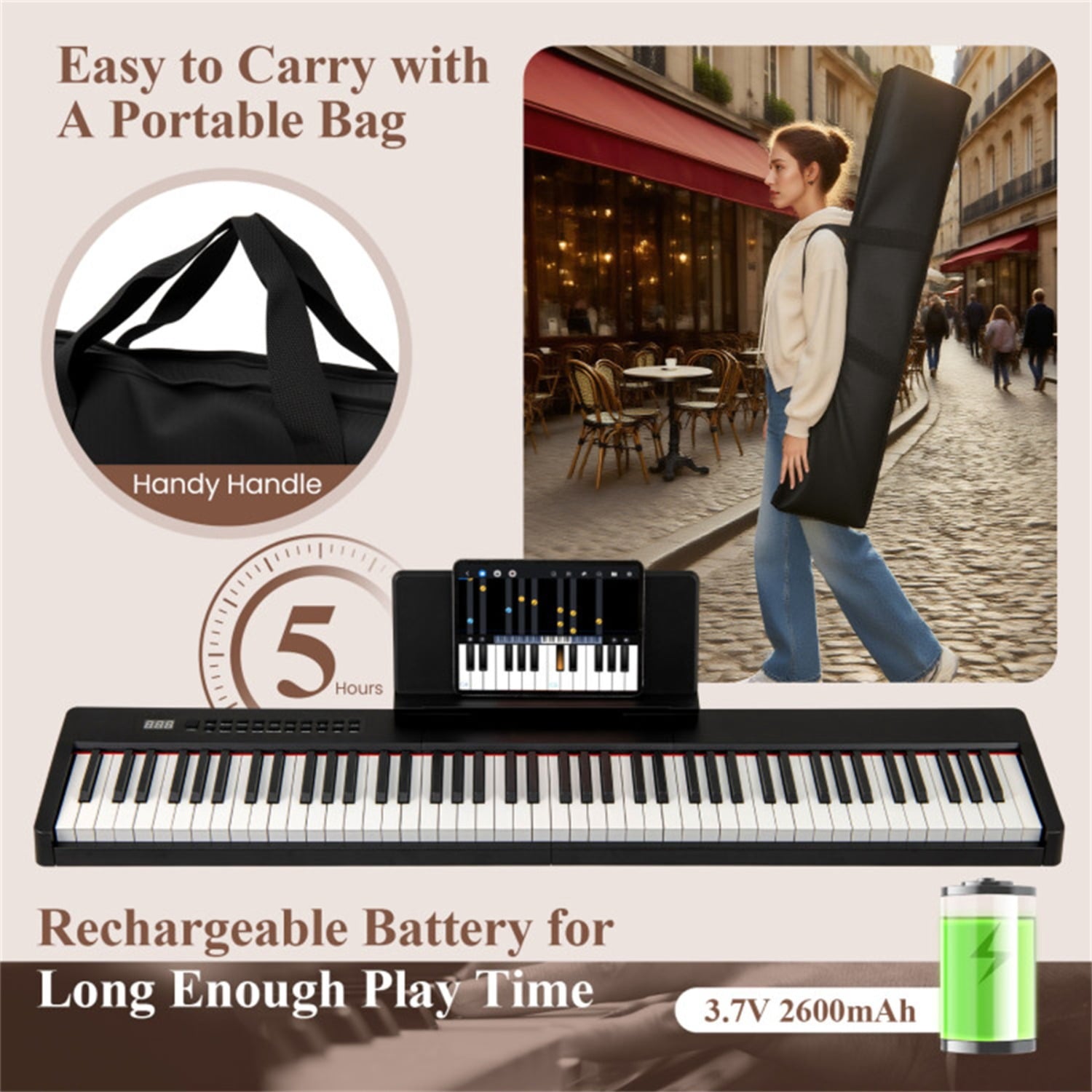 88-Key Velocity-Sensitive Digital Piano, 124.46×24.13×6.35 cm French
