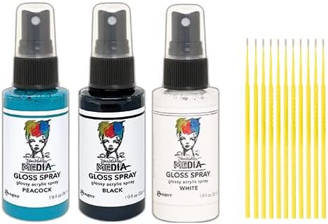 Dina Wakley MEdia Glossy Acrylic Spray Bundle – Peacock, Black & White (3-Pack + Detail Sticks)
