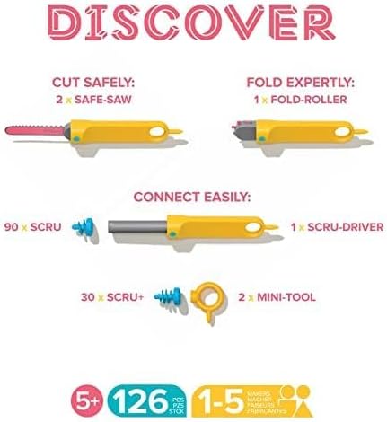 Makedo Discover | Safe Cardboard Construction Tool Kit for Kids, 126 Pieces