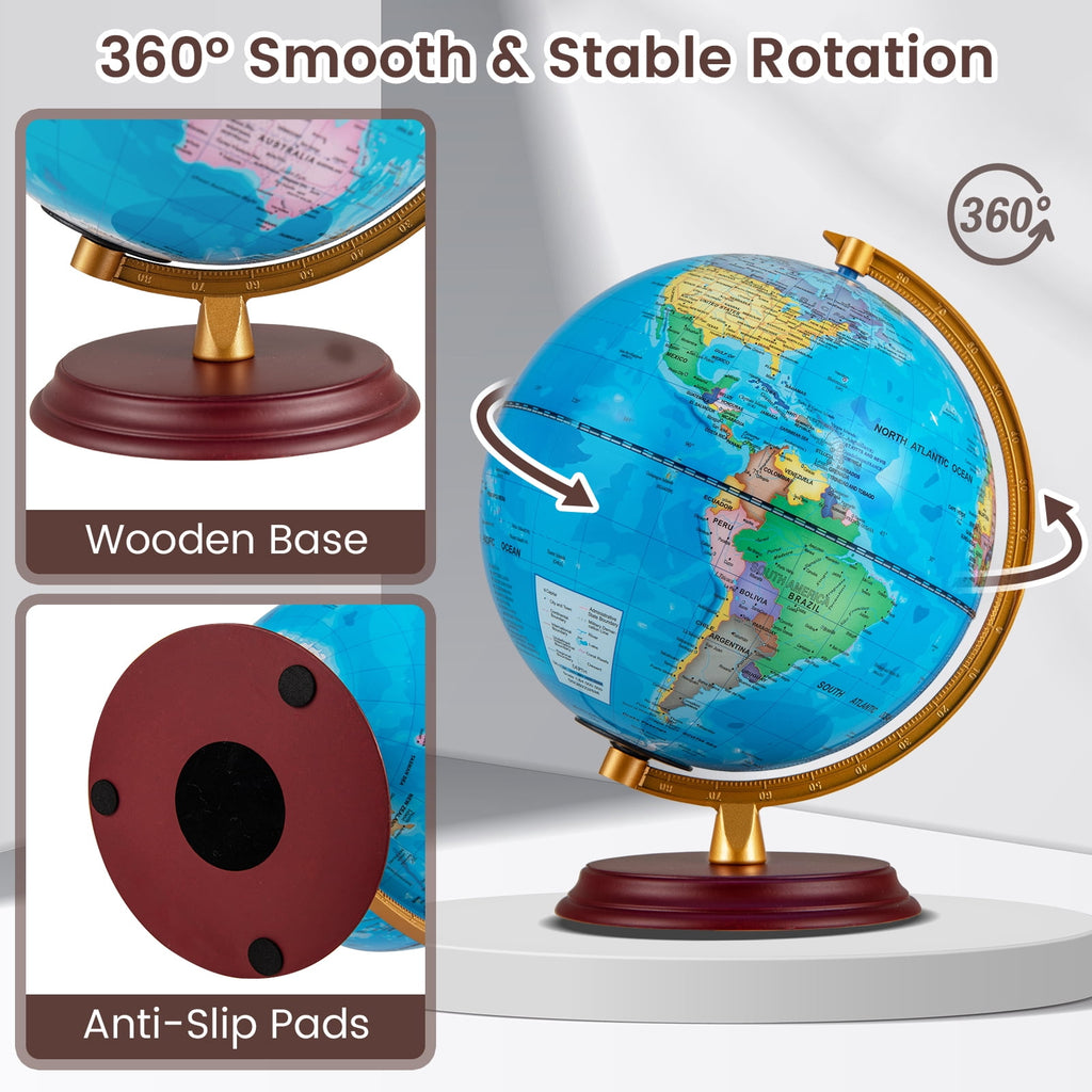 Gymax 8 Inch Illuminated World Globe Night Light up Globe Lamp Wooden