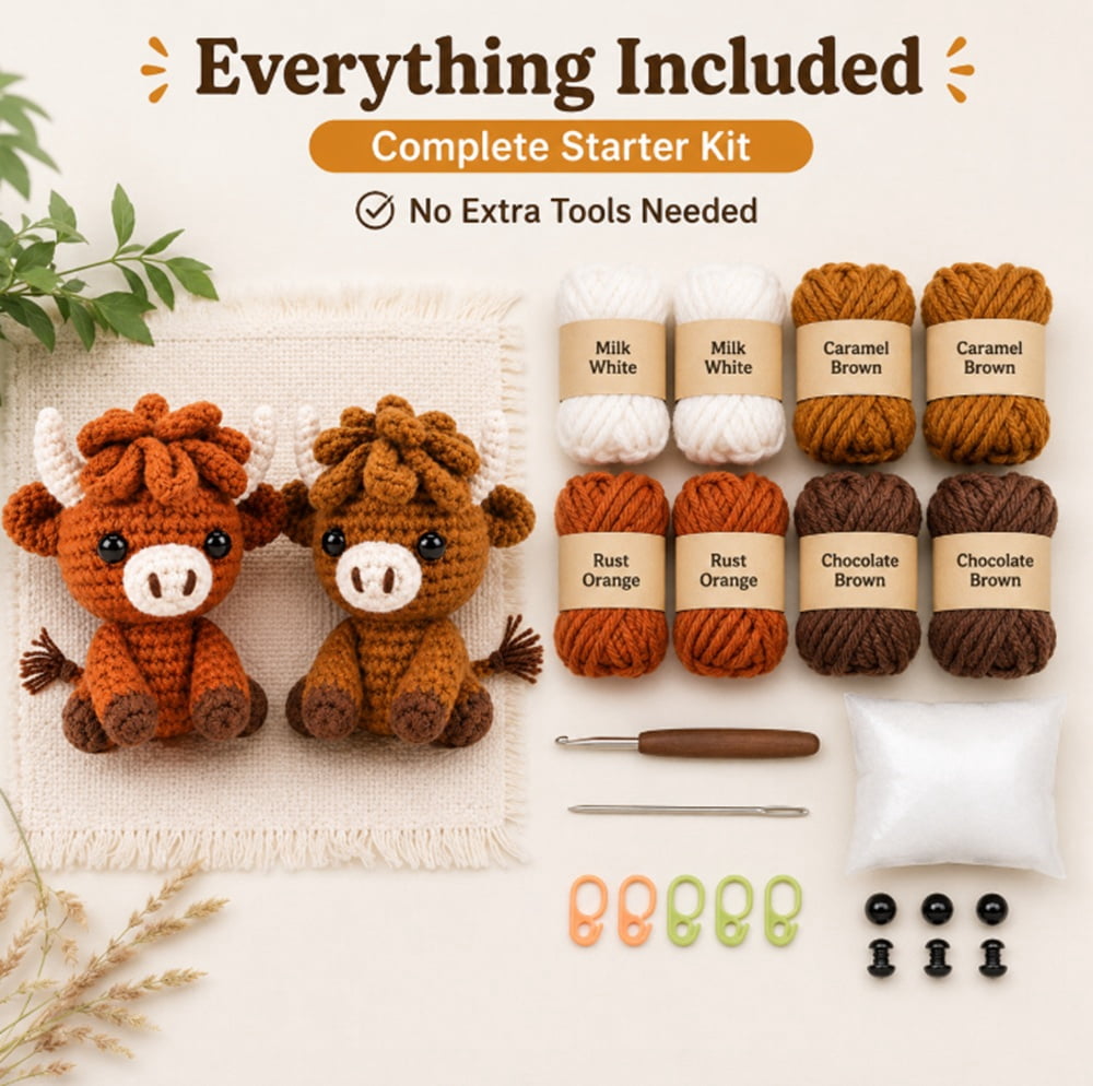 2 Pack Highland Cow Crochet Kit for Beginners, Cow Amigurumi Starter S