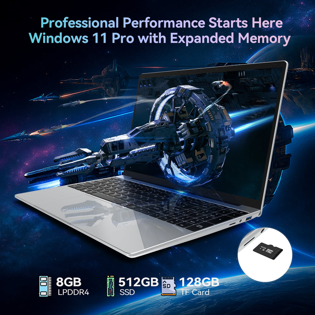 15.6 Inch Windows 11 Pro Laptop, 8GB RAM 512GB SSD, Intel Celeron, FHD