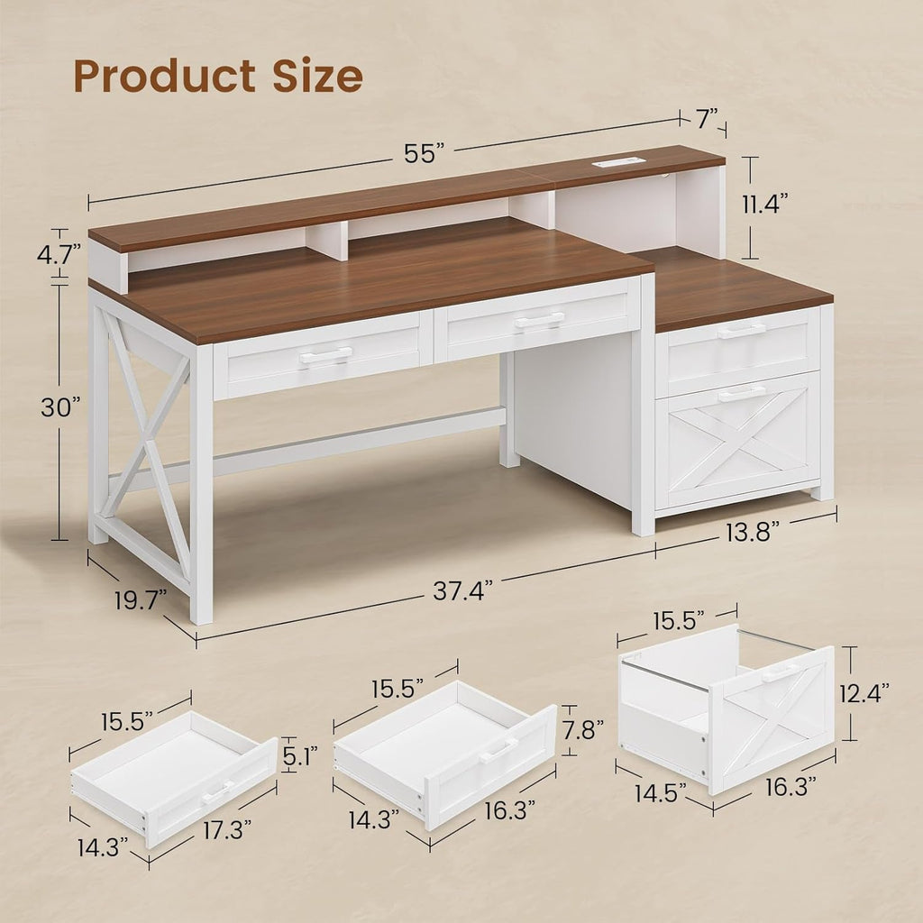 Farmhouse Style Solidwood White Brown Computer Desk