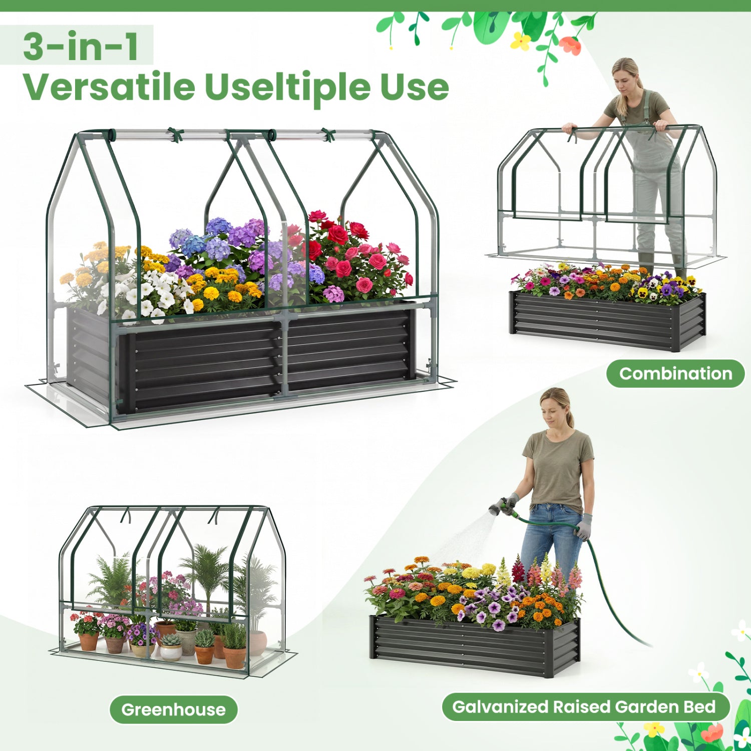 4 x 2 x 3 Feet Small Galvanized Raised Garden Bed with Greenhouse Cover