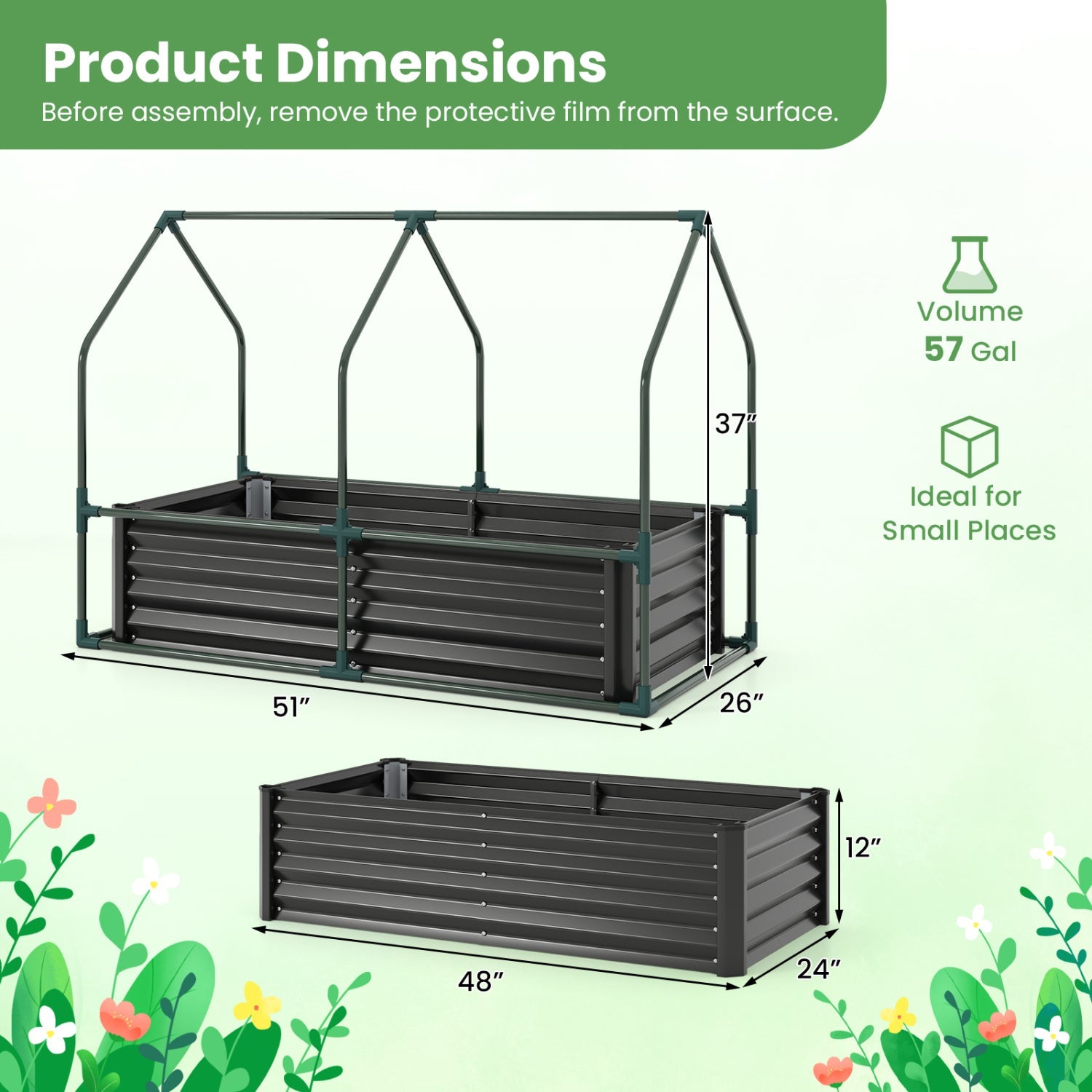 4 x 2 x 3 Feet Small Galvanized Raised Garden Bed with Greenhouse Cover
