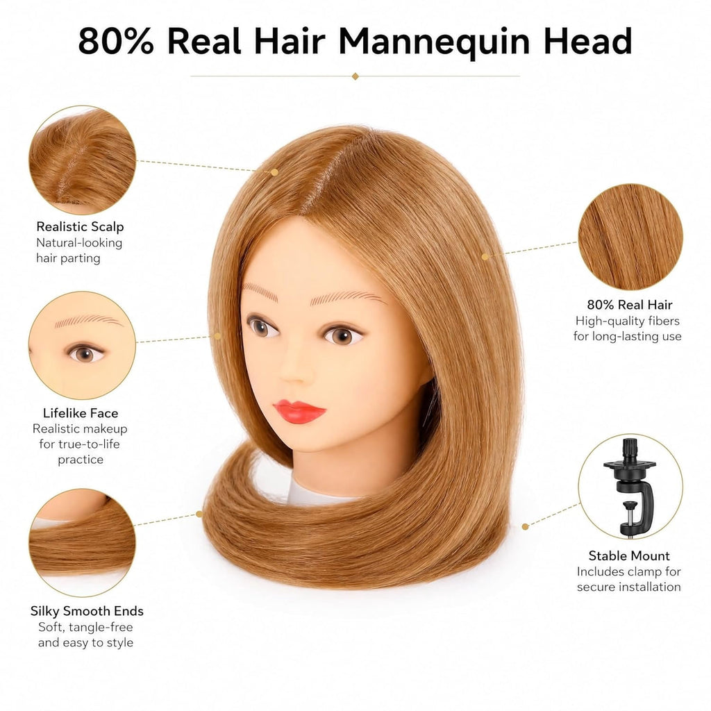TELOLY 80% Real Human Hair Mannequin Head 26-28“ Cosmetology Doll He