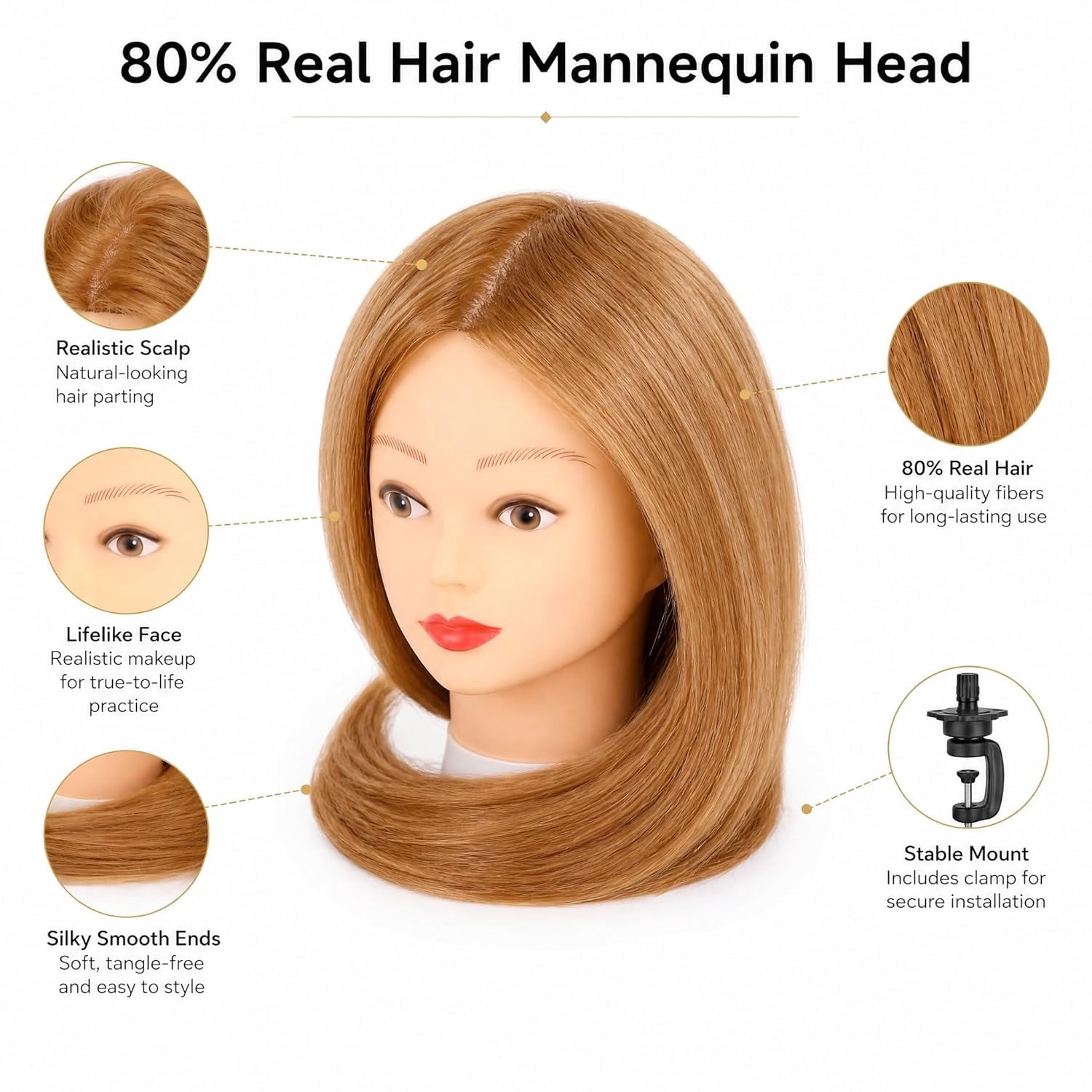 TELOLY 80% Real Human Hair Mannequin Head 26-28“ Cosmetology Doll He