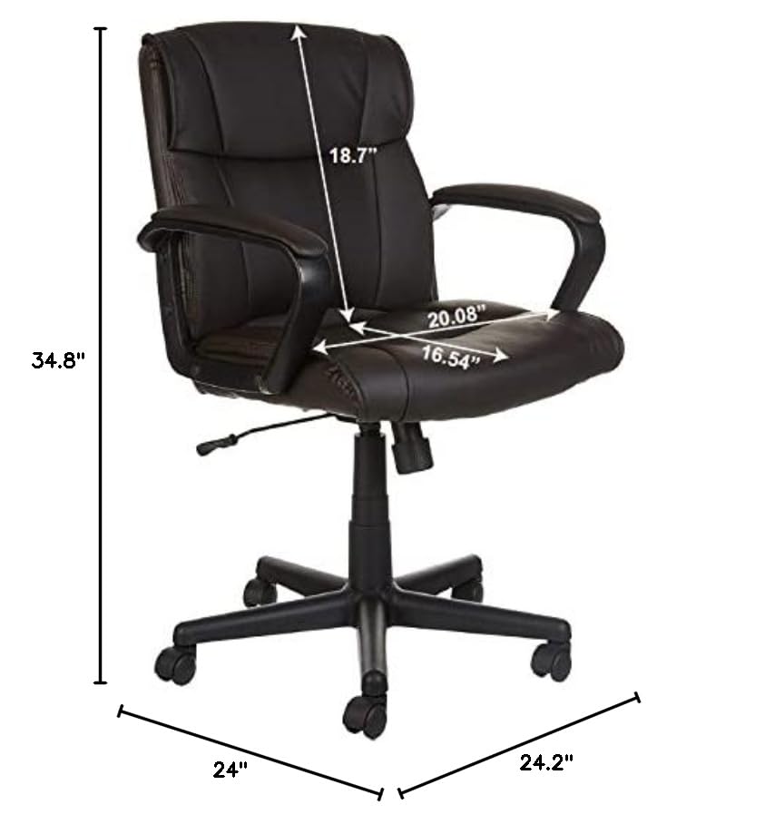 Amazon Basics Office Task Chair with Adjustable Height, 360° Swivel, Padded Armrests, Mid-Back, Rolling, 275 Pound Capacity, 24.2"D x 24"W x 34.8"H, Black Faux Leather