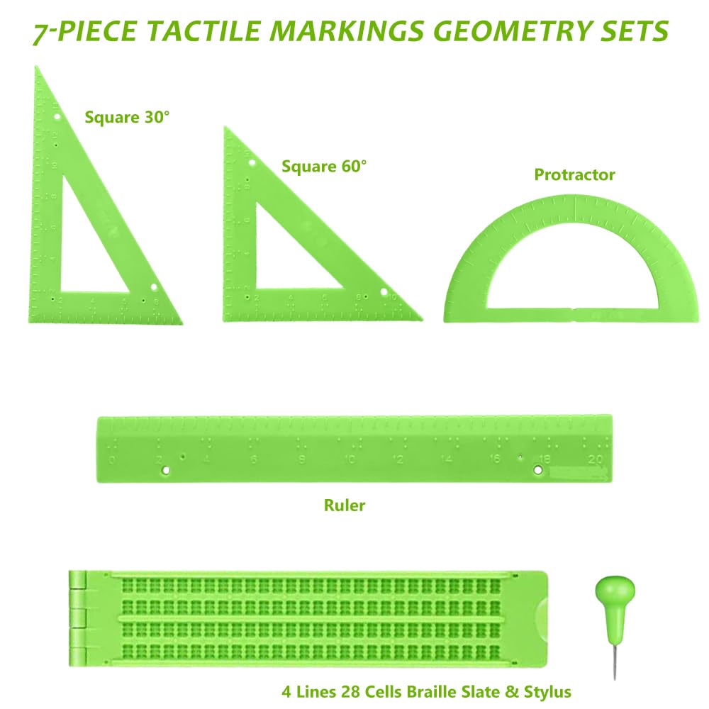 Tactile Braille Geometry Set for Blind & Visually Impaired Students, 6-Piece Math Tools Kit with Ruler, Protractor, 30°/60° Triangles for Special Education