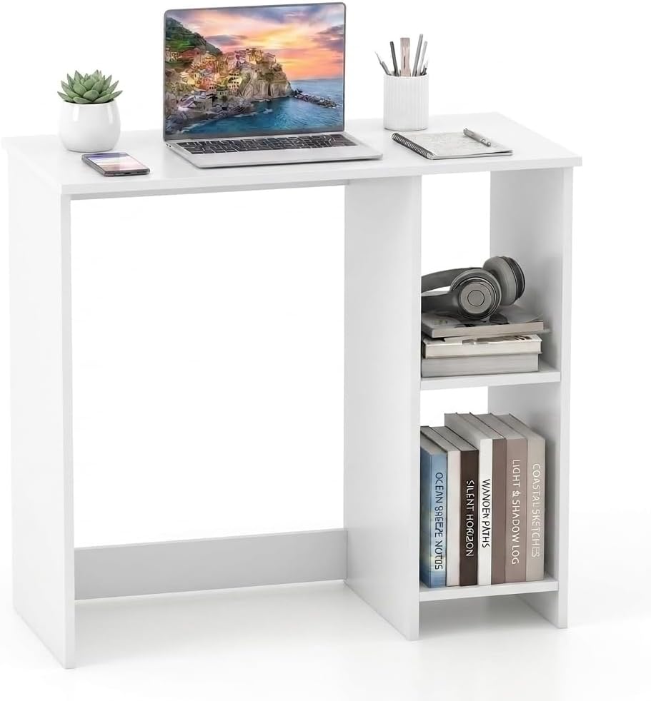 LDAILY Small Desk with 2-Tier Shelves, Compact Computer Writing Desk(White)