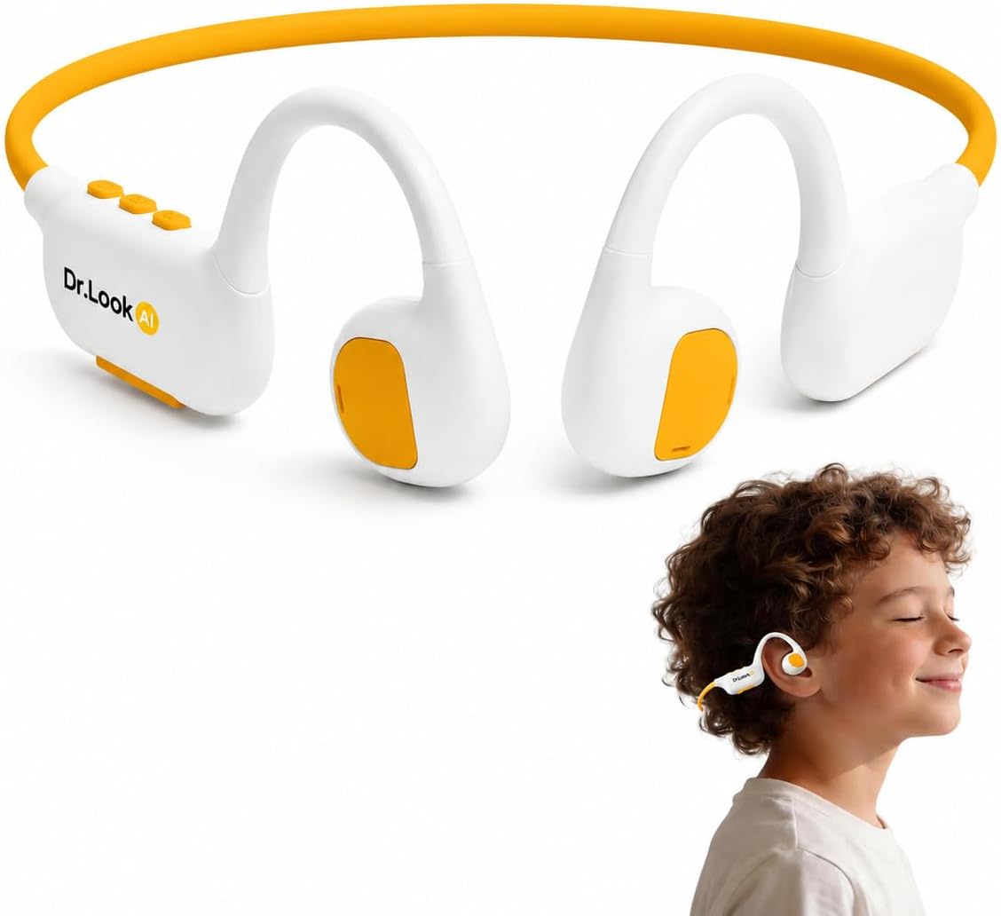 Kids Headphones - Bluetooth 6.0 Air Conduction Open Ear Kids Bluetooth Headphones - 85dB Safe Volume, IPX4 Waterproof - with Mic for School, Gaming, Sleeping, White