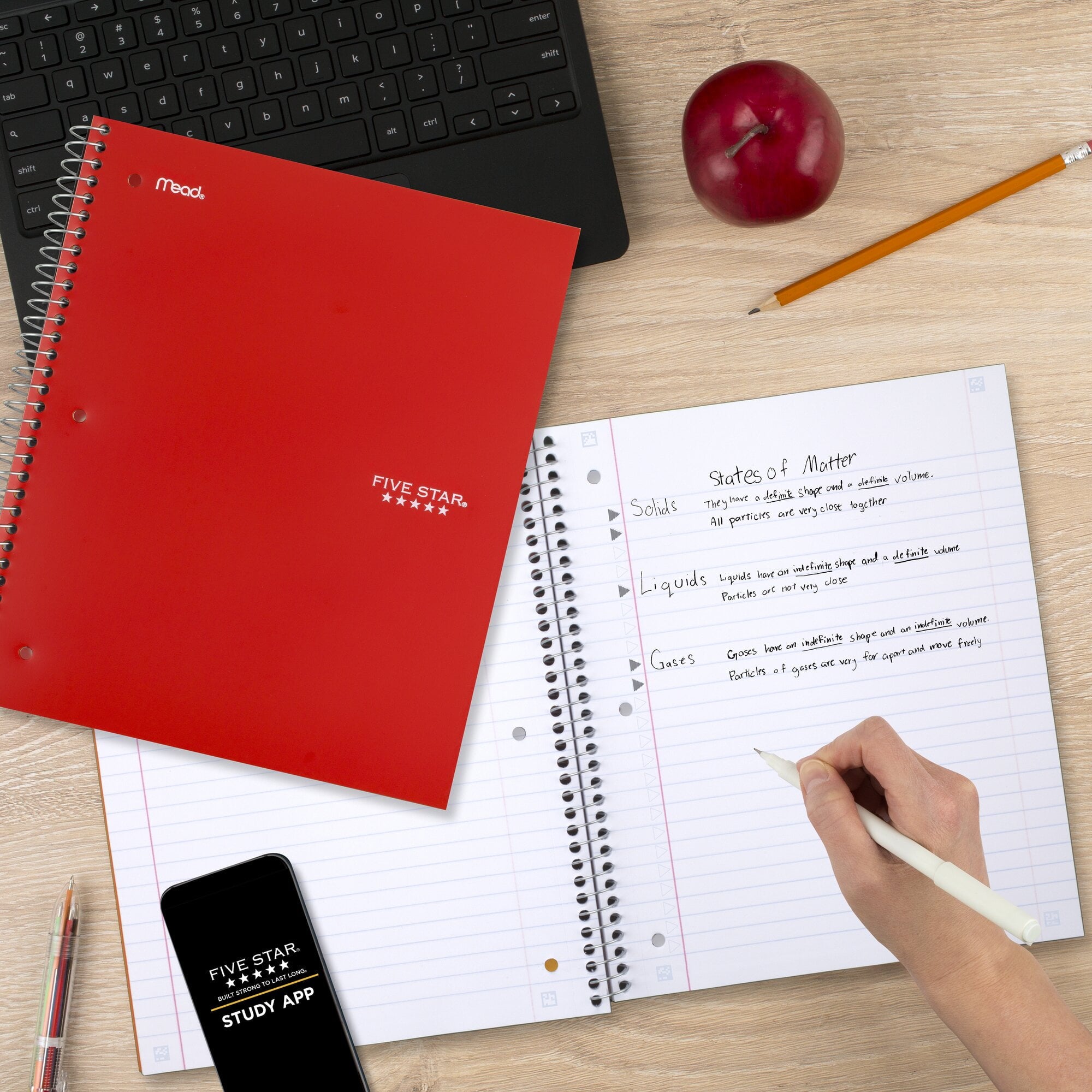 Five Star Spiral Notebook + Study App, 5 Subject, Wide Ruled, 8" x 10.
