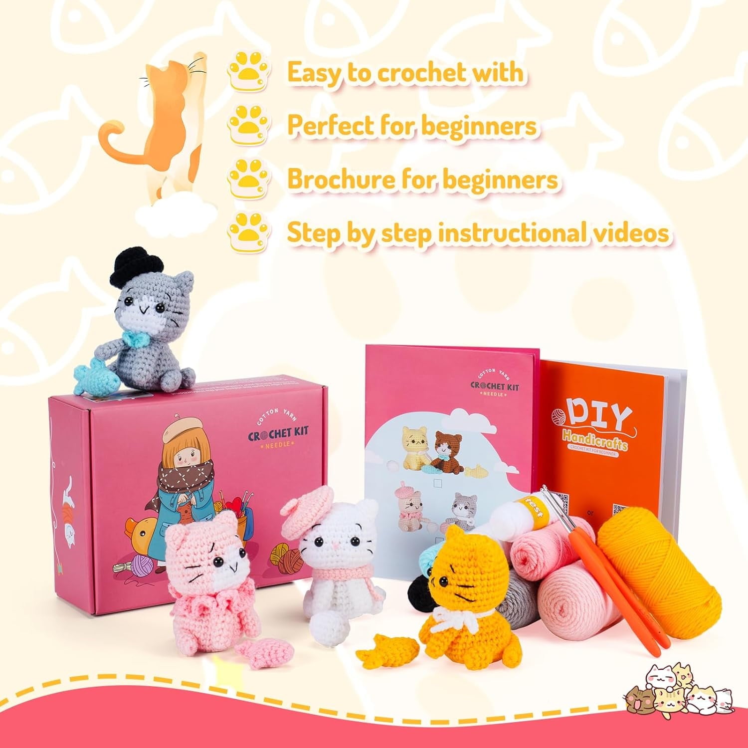 Becikitc Beginner Crochet Kit, 4-Pack Cat Animals with Yarn, Tools and