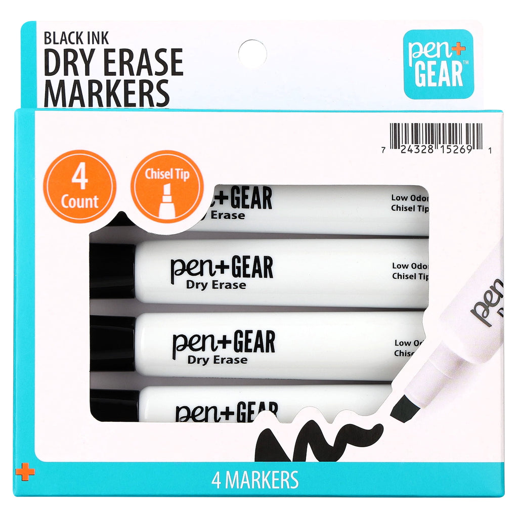 Pen+Gear Dry Erase Markers, Chisel Tip, Black, 4 Count