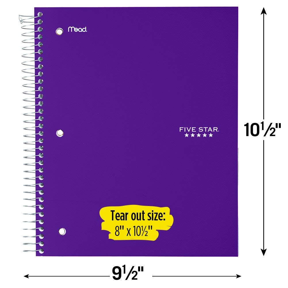 Five Star Spiral Notebook + Study App, 5 Subject, Wide Ruled 8" x 10.5" Paper, 200 Sheets, Fights Ink Bleed, Water Resistant Cover, Amethyst Purple (38739)