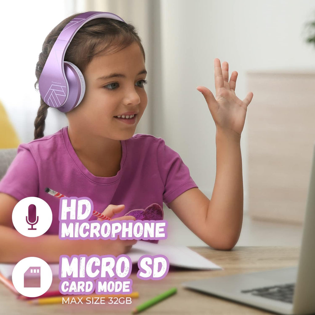 PowerLocus Kids Headphones Over-Ear, Bluetooth Wireless Headphones for Kids,with Microphone, Safe 85DB Volume Limited, Foldable with Carry Case, Audio Cable, Micro SD mode for Online Classes,PC,Phones